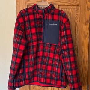 Vineyard Vines Red and Navy Plaid Fleece Pullover